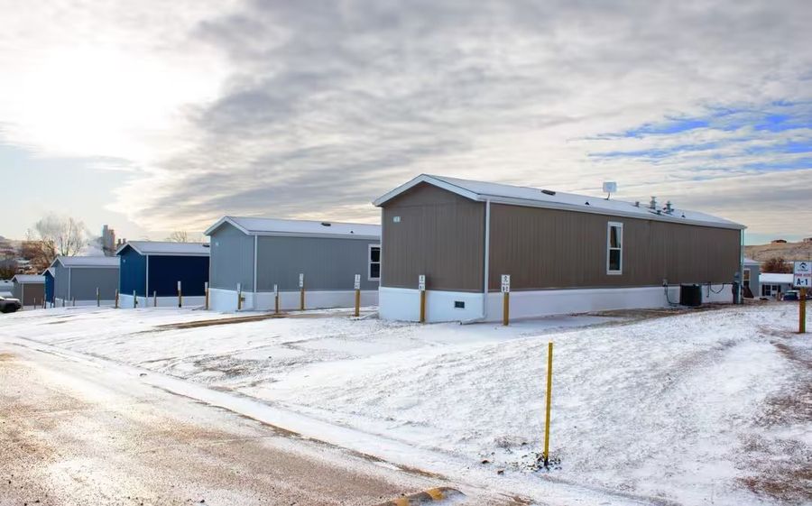 Student housing exterior in winter